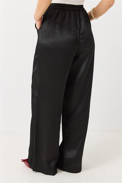 Kadın Saten Bol Kesim Salaş Beli Lastikli Pantolon Siyah