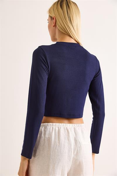 Kadın Kurdeleli Uzun Kollu Crop Bluz Lacivert