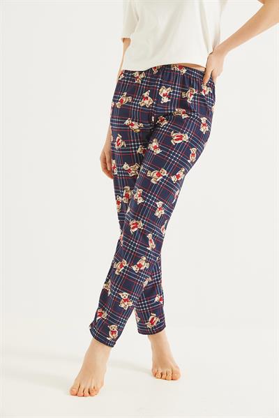 Ayıcık Basklı Ekose Desen Pijama Altı Lacivert