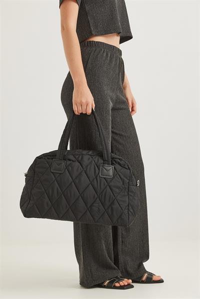 Kapitone Kumaş Cüzdanlı  El Ve Omuz Çantası Siyah