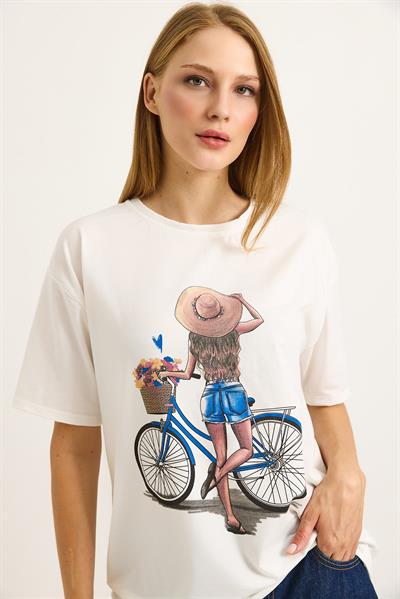Baskılı Bisiklet Yaka Kısa Kollu Tshirt Beyaz