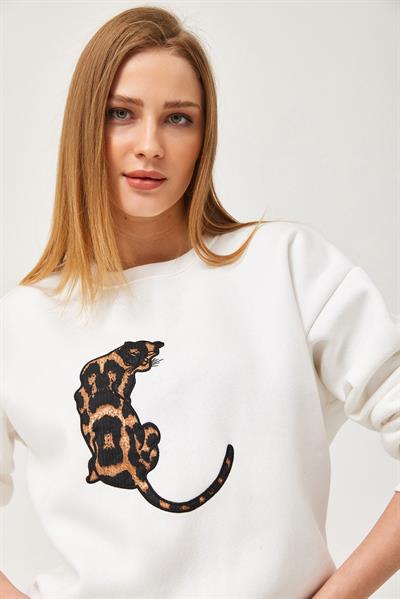 Leopar Baskılı Üç İplik Şardonlu Sweatshirt Beyaz