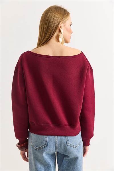 Kadın Bordo Kayık Yaka Üç İplik Şardonlu Sweat