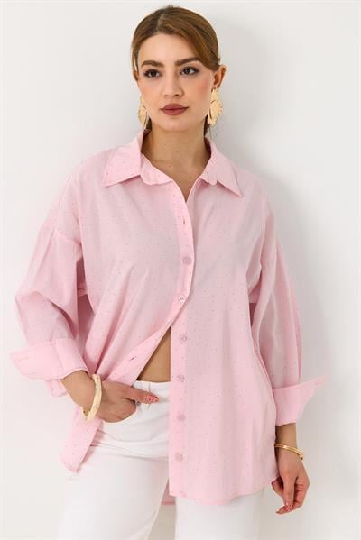 Kadın Taş Detaylı Oversize Şık Gömlek Pembe