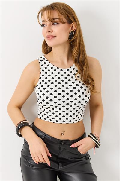 Kadın Poliyemid Kumaş Puantiyeli Crop Bluz  Beyaz