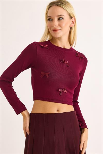 Kadın Kurdeleli Uzun Kollu Crop Bluz Bordo