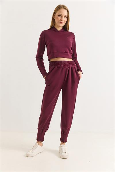 Kadın Modal Scuba Yüksel Bel Jogger Eşofman Takımı Bordo