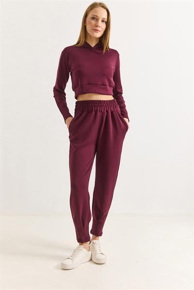 Kadın Modal Scuba Yüksel Bel Jogger Eşofman Takımı Bordo