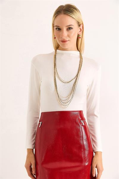 Vücuda Oturan Uzun Kollu Dik Yaka Fitilli Esnek Örme Bluz Beyaz