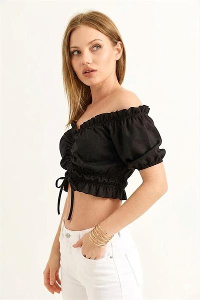 Madonna Yaka Büzgülü Crop Bluz Siyah