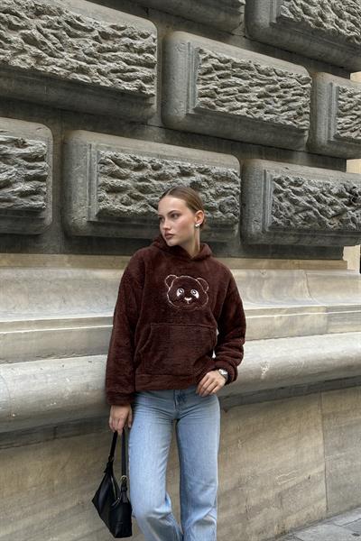 Kapüşonlu Nakış İşlemeli Peluş Sweatshirt  Kahverengi