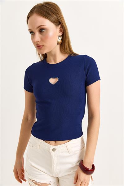 Kalp Detaylı Fitilli Örme Bluz Lacivert