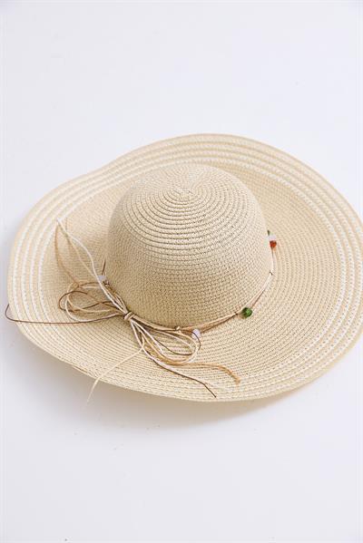 Fiyonk Detaylı Çizgili Hasır Plaj Havuz Şapkası Bej