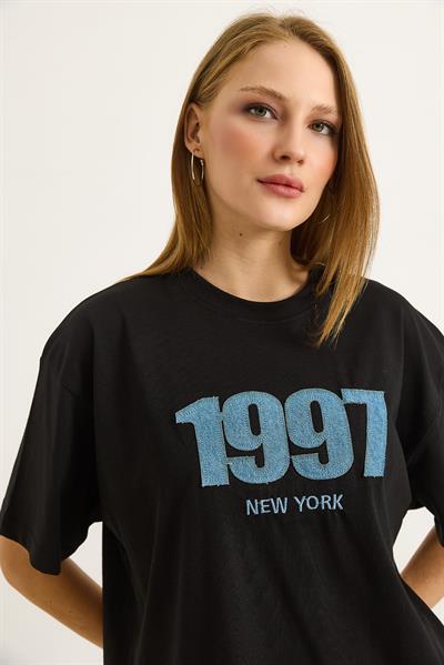 Baskılı Oversize Bisiklet Yaka Tshirt Siyah