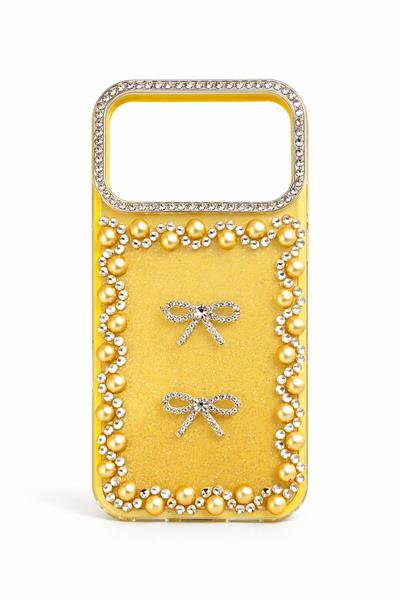 İphone 17 Pro Max Uyumlu Taş Detaylı Telefon Kılıfı Sarı