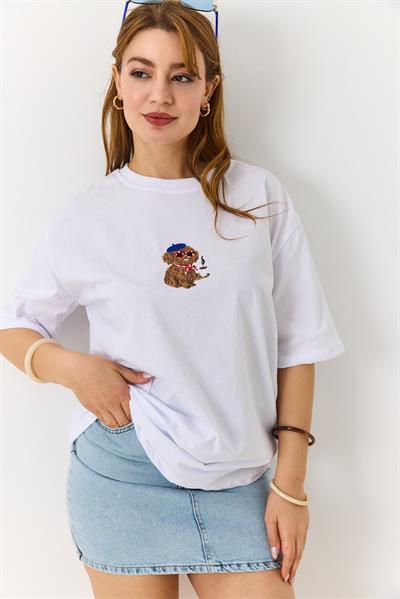 Kadın Nakışlı Bisiklet Yaka Tshirt Beyaz