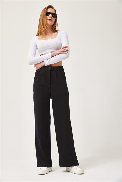 Yüksek Bel Cepli Palazzo Pantolon Siyah
