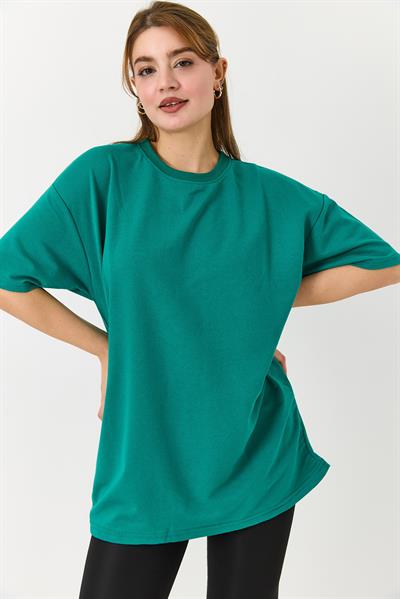 Kadın Bisiklet Yaka Baskısız Düz Bisiklet Yaka Tshirt Koyu Yeşil