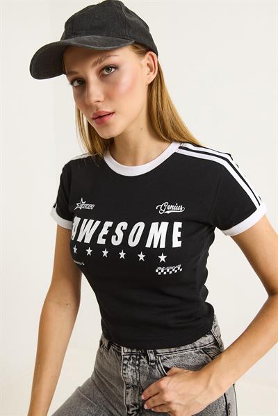 Bisiklet Yaka Baskılı Crop Tshirt Siyah