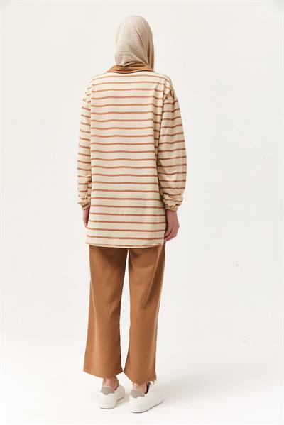 Fermuarlı Çizgili Gömlek Yaka Takım Vizon