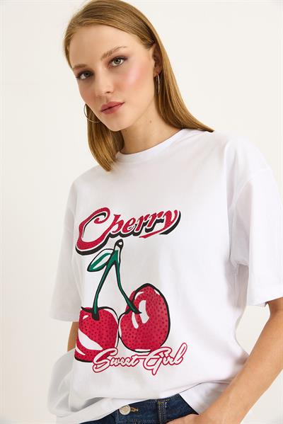 Baskılı Bisiklet Yaka Kadın Tshirt Beyaz