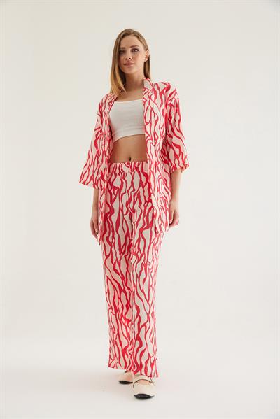 Kimono Pantolon Krinkıl Kadın İkili Takım Fuşya