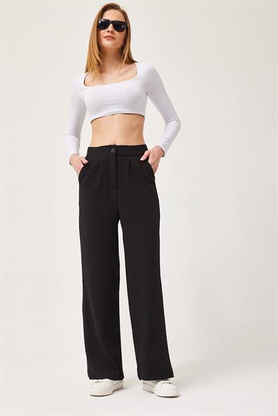 Yüksek Bel Cepli Palazzo Pantolon Siyah