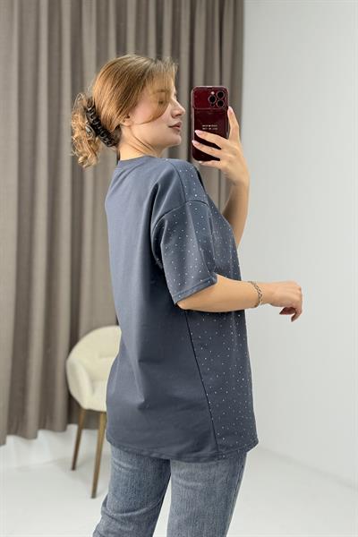 Bisiklet Yaka Taşlı Yarım Kol T-shirt Antrasit