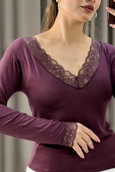 Kadın V Yaka Dantel Detaylı Uzun Kollu Kaşmir Bluz Mürdüm