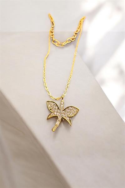 Kelebek Model İki Zincirli Taşlı Kolye Gold