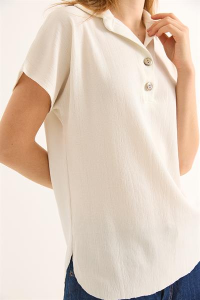 Polo Yaka Oval Kesin Kadın Tshirt Beyaz