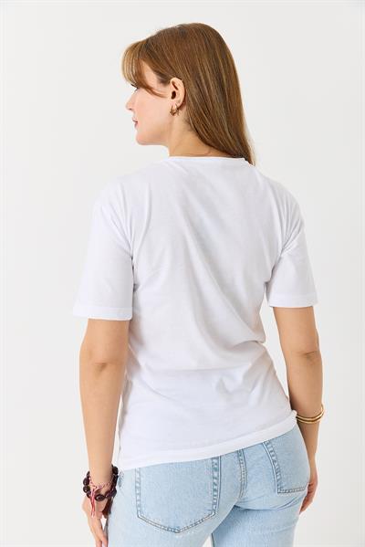 Kadın Palmiye Parlak Baskılı Tshirt Beyaz