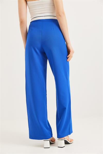 Beli Şeritli Bol Paça Pantolon Saks