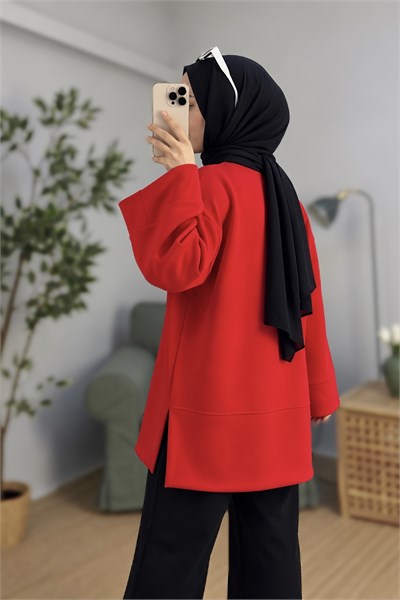 Kadın Kırmızı Oversize Manşet Detaylı Tunik