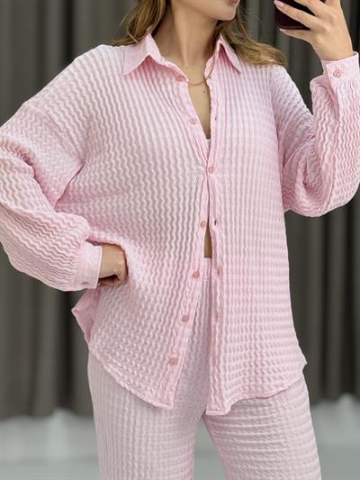Kadın Bürümcük Gömlek Pantolon Takım Pembe