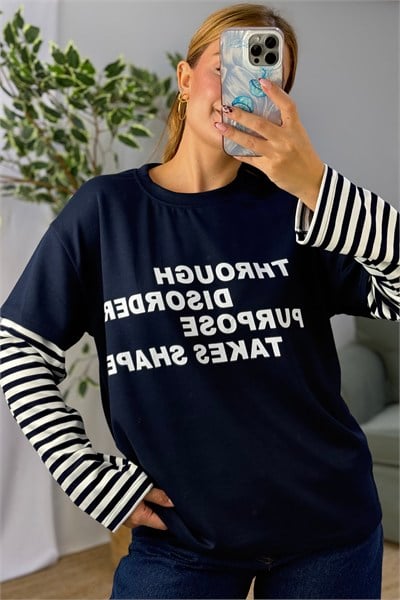 Kadın Yazı Baskılı Kolları Çizgili Bisiklet Yaka Tshirt Lacivert