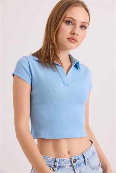 Polo Yaka Basıc Kısa Kollu Örme Kaşkorse Crop Bluz Mavi