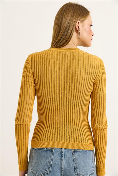 Bisiklet Yaka Triko Örme Bluz Hardal