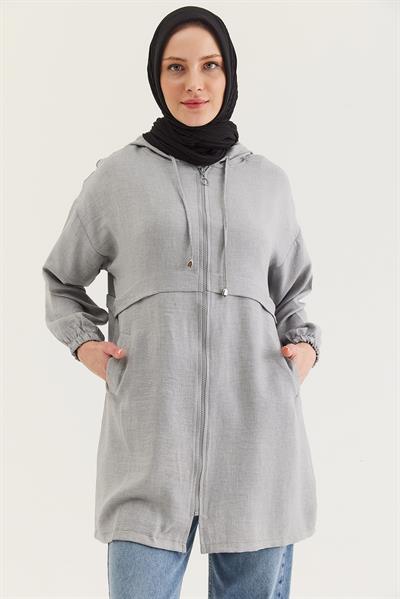 Araboy Kapşonlu Keten Tunik Gri