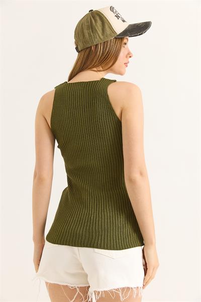 Kare Yaka Kalın Askılı Triko Atlet Bluz Haki