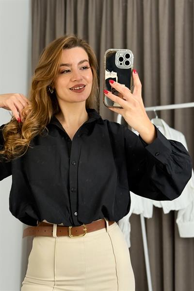Kadın Balon Model Crop Şık Gömlek Siyah