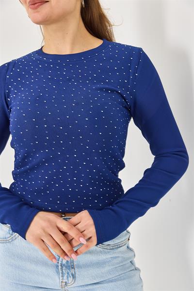 Kadın Ottoman Bisiklet Yaka Taşlı Bluz Lacivert