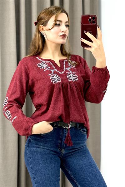 Kadın Bordo Triko Etnik Çiçek Nakışlı Kazak
