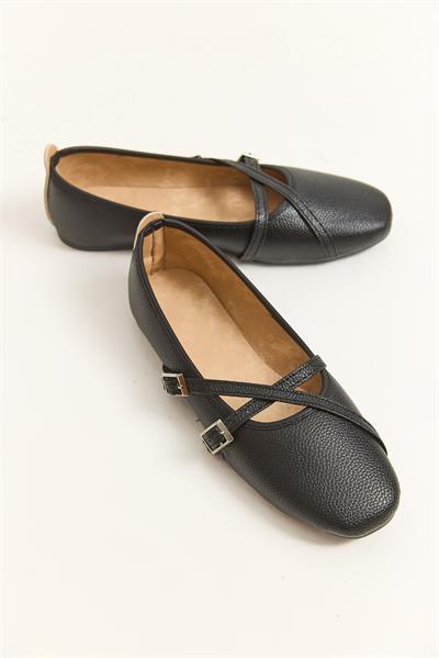 Çift Kemerli Minimal Tasarım Babet Siyah