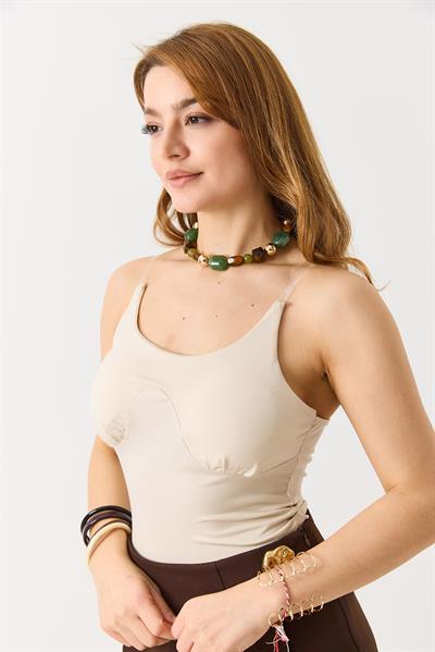 Kadın Göğsü Dolgulu Askılı Crop Bluz Krem