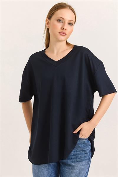 V Yaka Arkası Uzun Basic Tshirt Lacivert