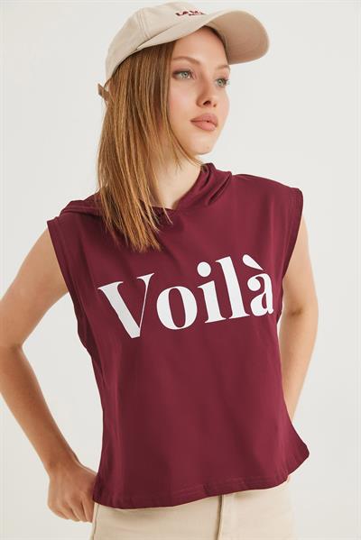 Kapüşonlu Sıfır Kol Baskılı Tshirt Bordo
