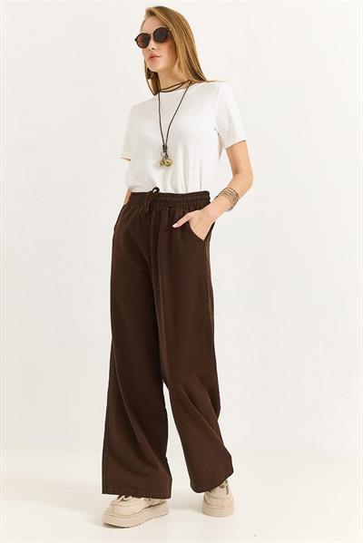 Kadın Pantalon Geniş Paça Bağcıklı  Pantalon Kahverengi