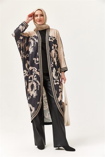 Oversize Şerit Detaylı Kimono Hırka Siyah