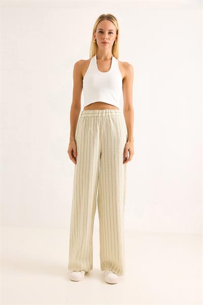 Çizgi Desenli Bol Paçalı Keten Pantolon YEşil